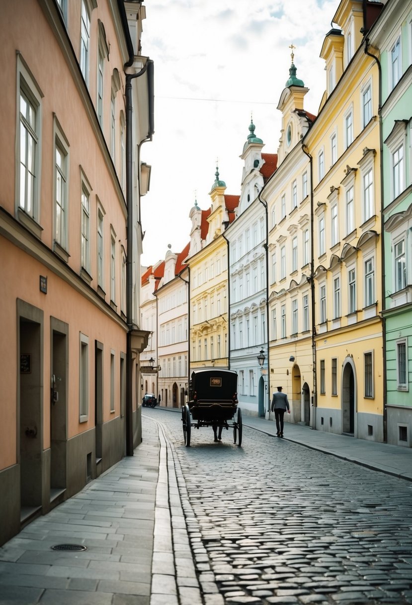 A cobblestone street in Prague, lined with ornate, pastel-colored buildings. A horse-drawn carriage passes by, while a couple strolls arm-in-arm