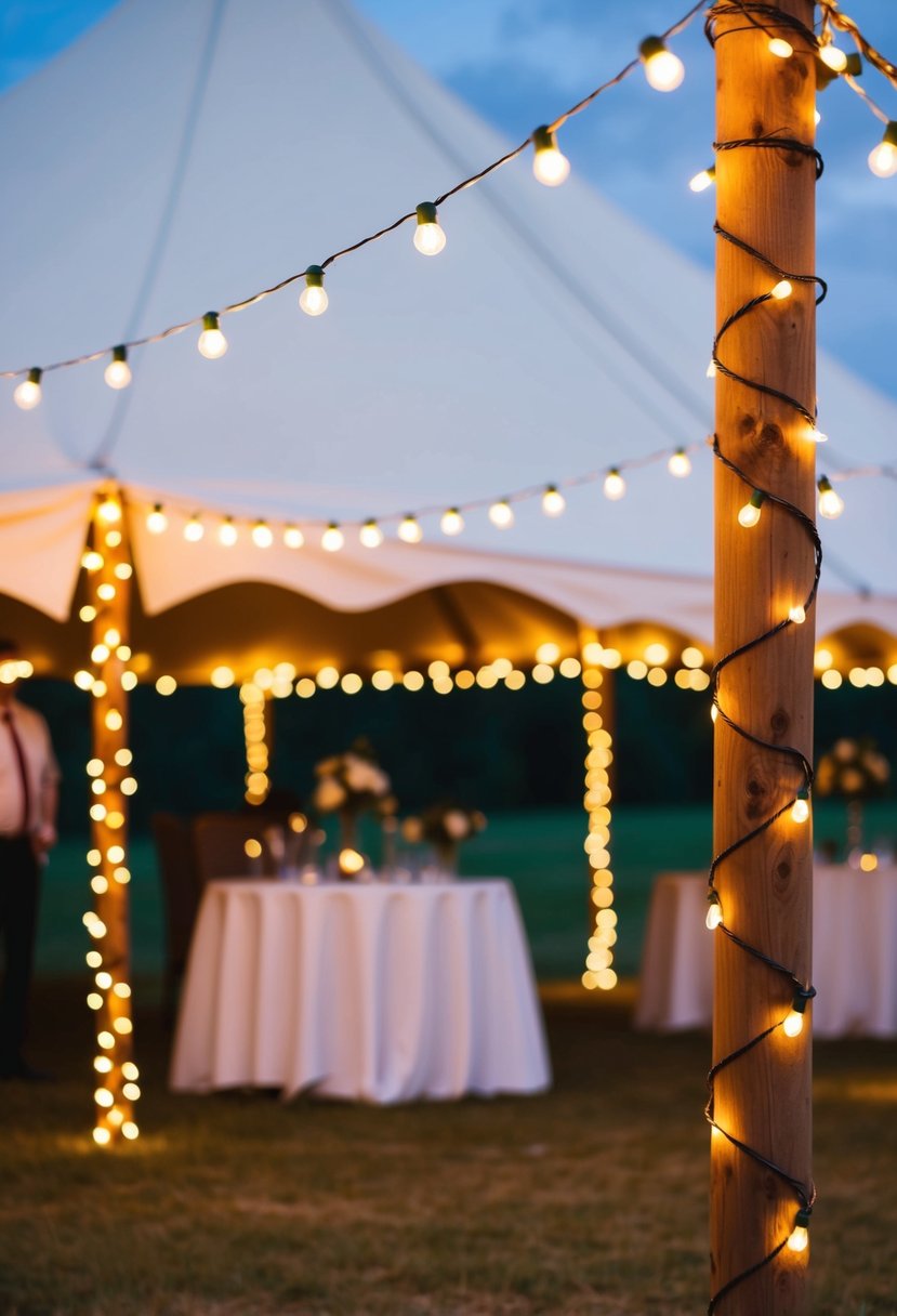 Fairy lights trace the outlines of tents, casting a warm glow over the wedding reception area