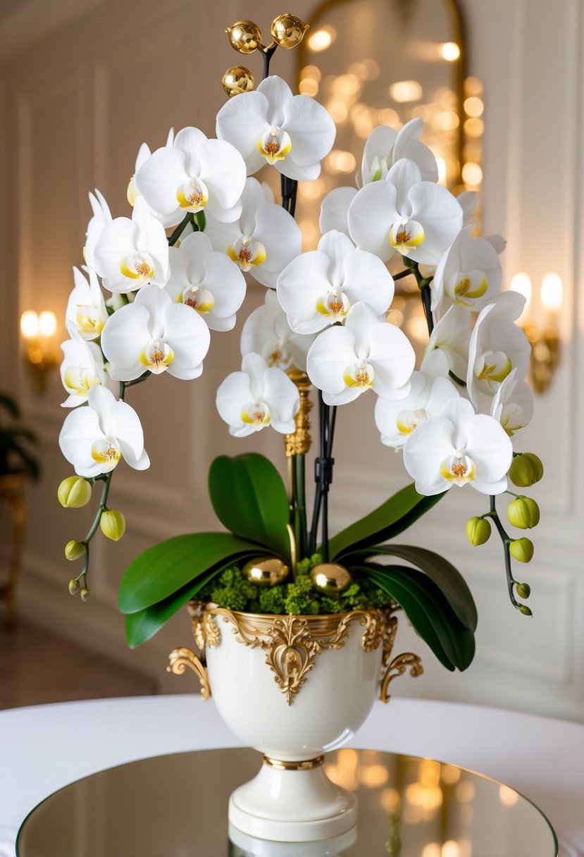 A bouquet of white orchids with gold accents, arranged in a lavish and elegant style