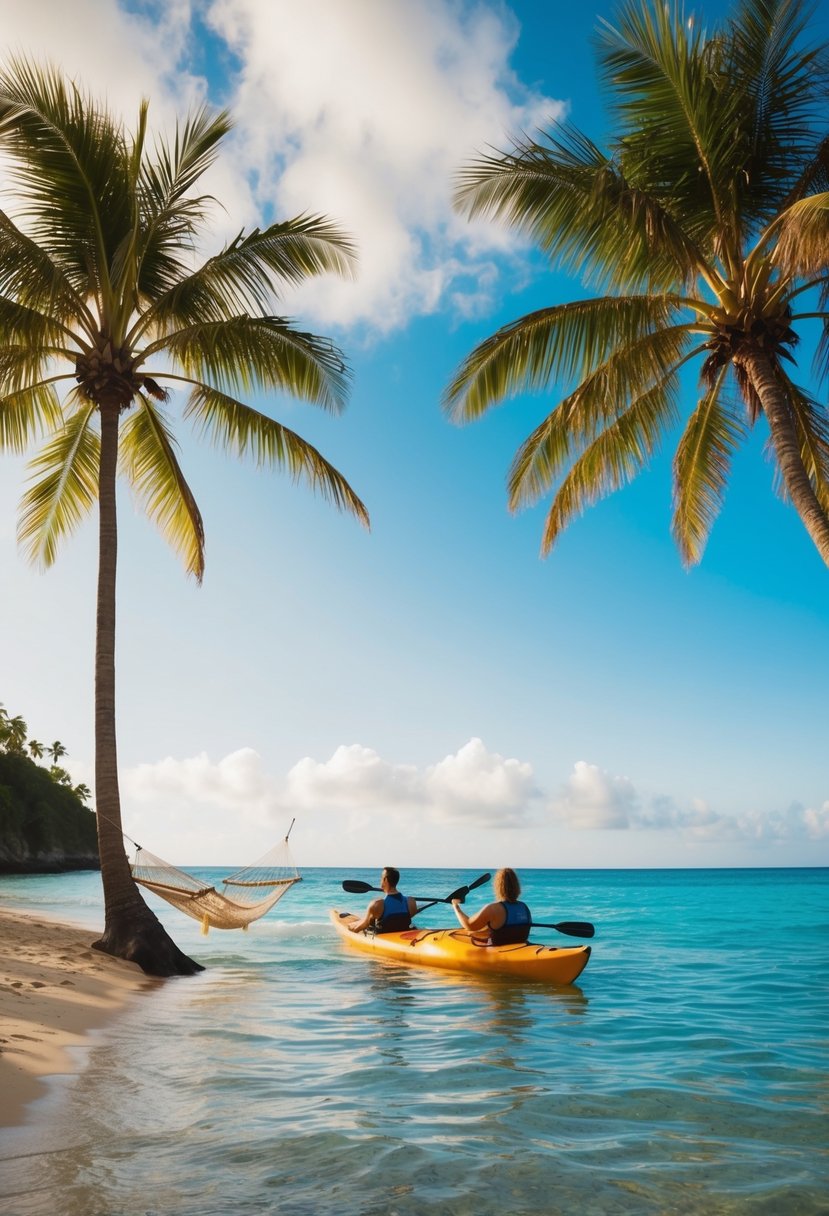 A serene beach with palm trees, a hammock, and a couple kayaking in the clear blue waters of Costa Rica