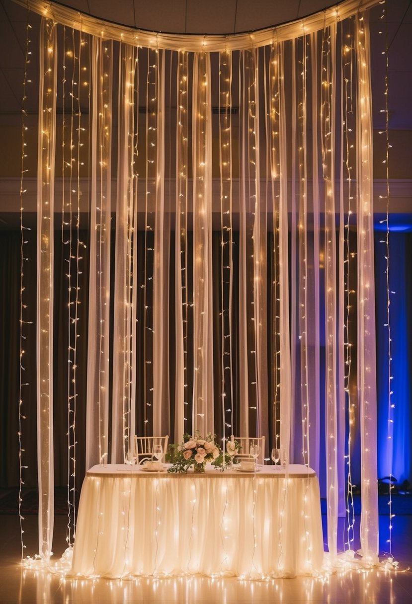 Fairy light curtains cascade down as a backdrop for a romantic wedding reception, creating a dreamy and enchanting atmosphere