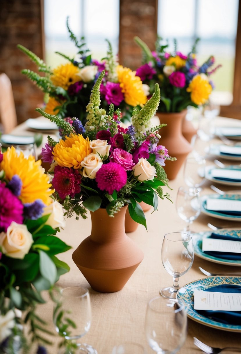 A table adorned with bohemian-style terracotta vases filled with vibrant khaleeji wedding bouquet arrangements