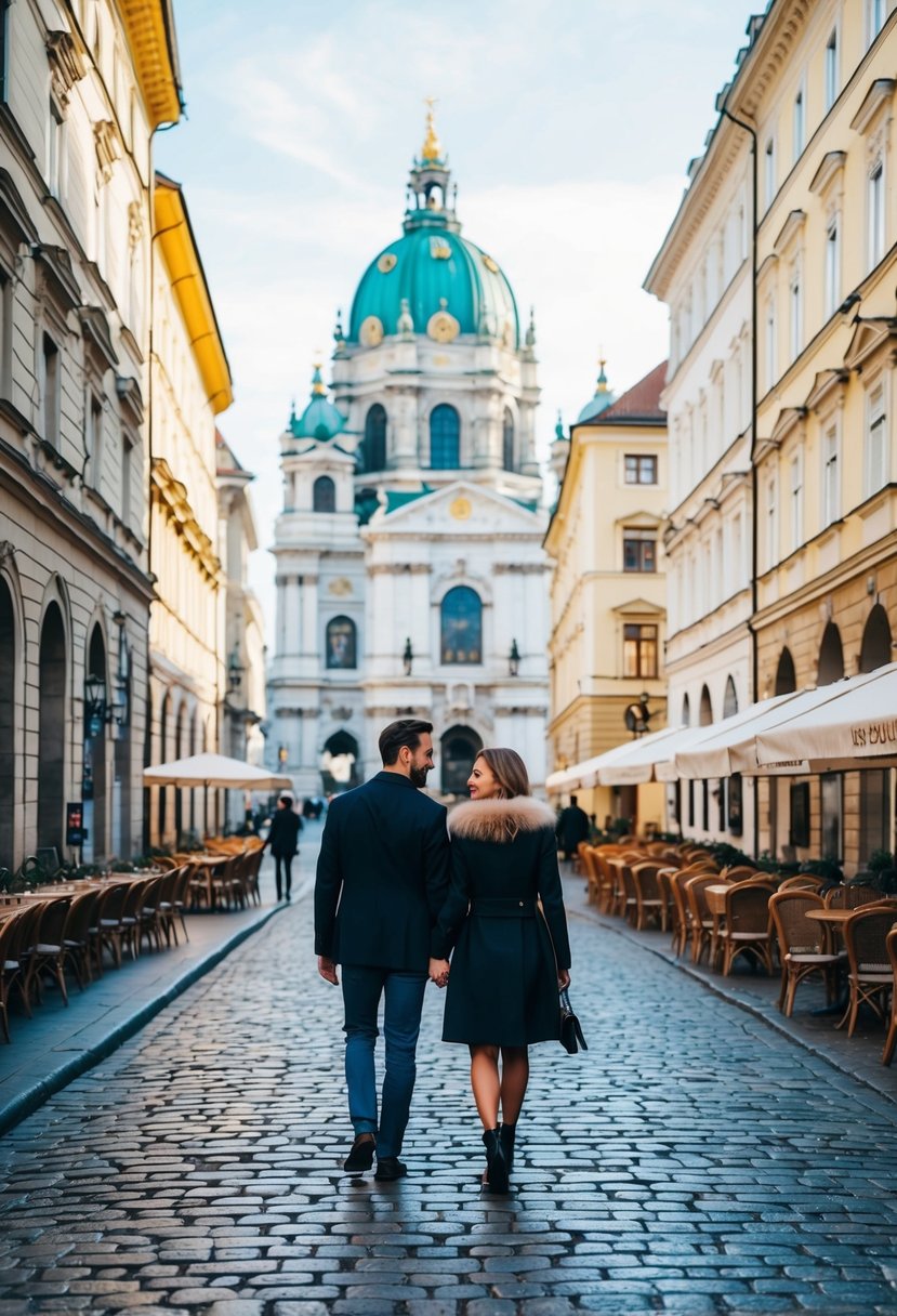 A couple strolling through the cobblestone streets of Vienna, passing by grand historic buildings and charming cafes, with the iconic St. Stephen's Cathedral in the background