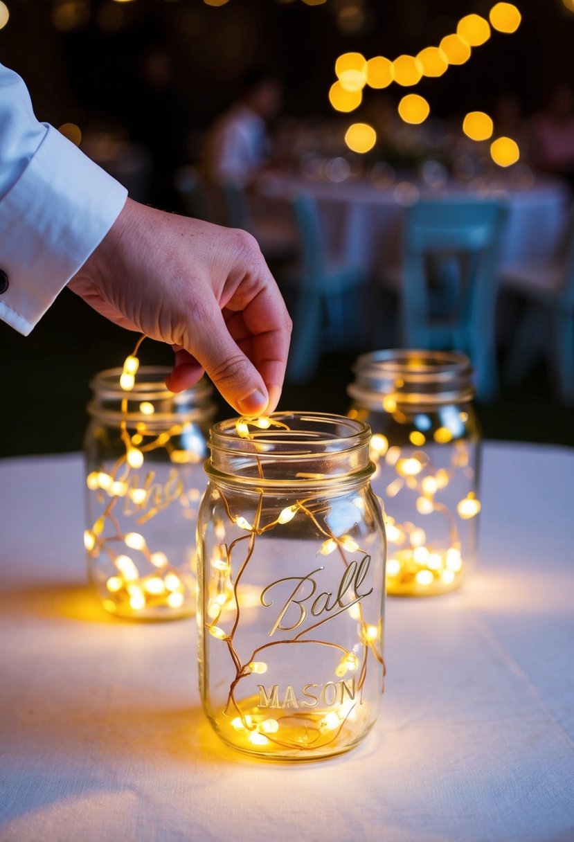 Fairy lights are being carefully placed inside mason jars, creating glowing table centerpieces for a wedding reception