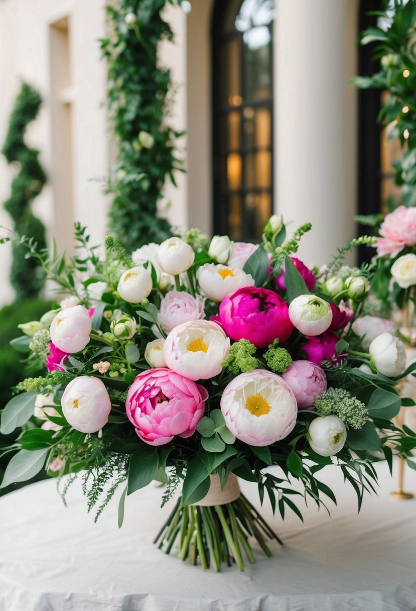 A lush bouquet of ranunculus, peonies, and greenery arranged in an elegant khaleeji wedding style