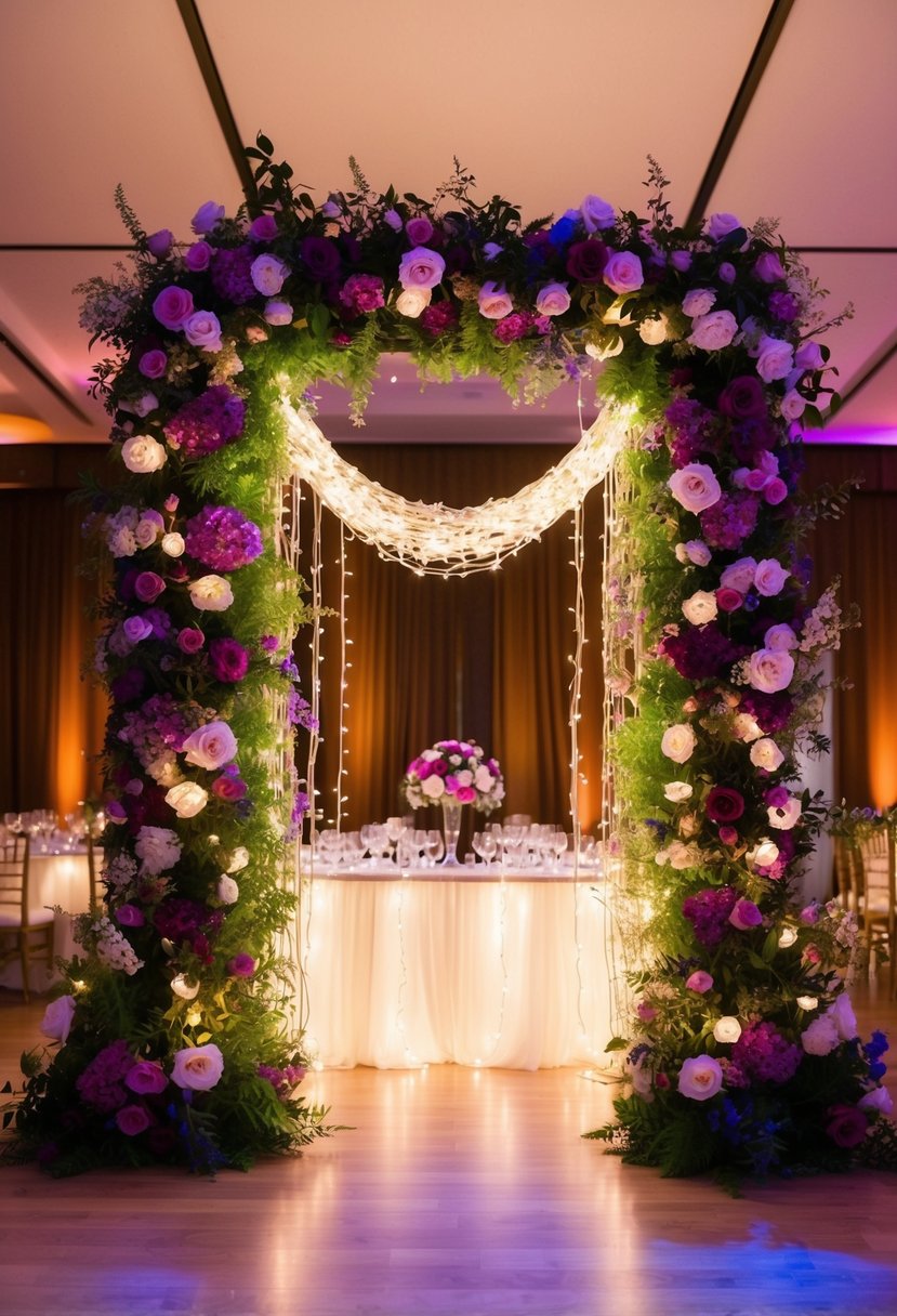 Fairy lights are intricately woven into vibrant floral arrangements, casting a warm and enchanting glow over a romantic wedding reception