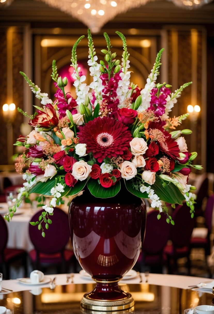 A grand burgundy vase holds a lavish bouquet of khaleeji wedding flowers, featuring vibrant colors and luxurious blooms