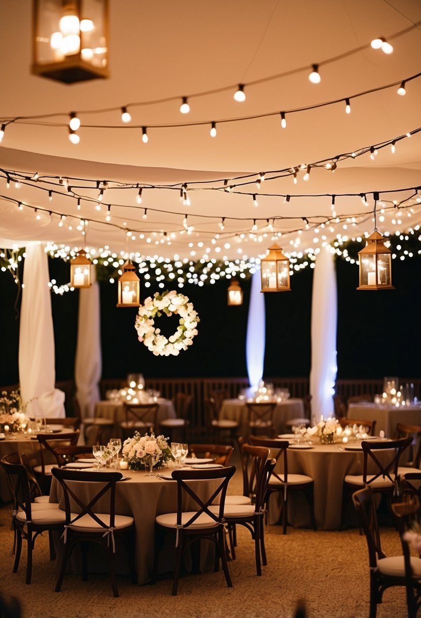 Fairy lights and lanterns hang above cozy seating areas at a wedding reception