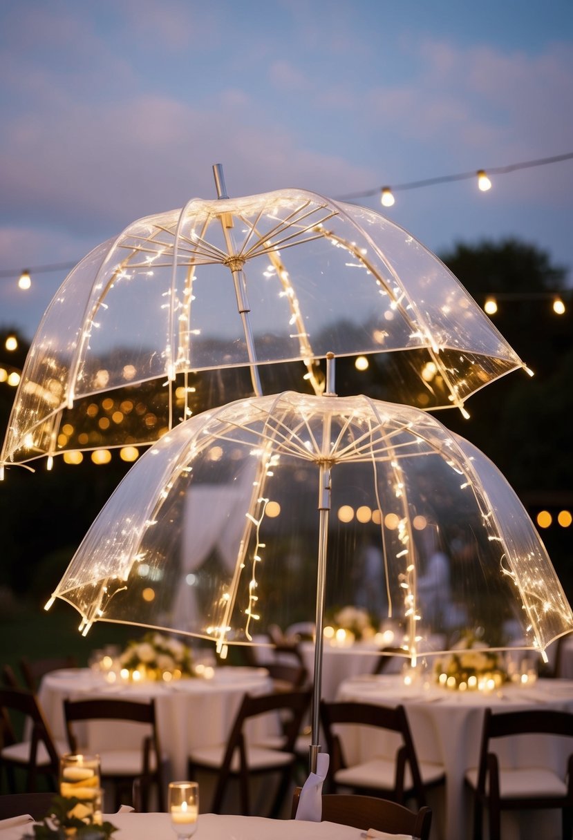 Fairy lights twinkle inside clear umbrellas, creating a whimsical and romantic atmosphere for a wedding reception