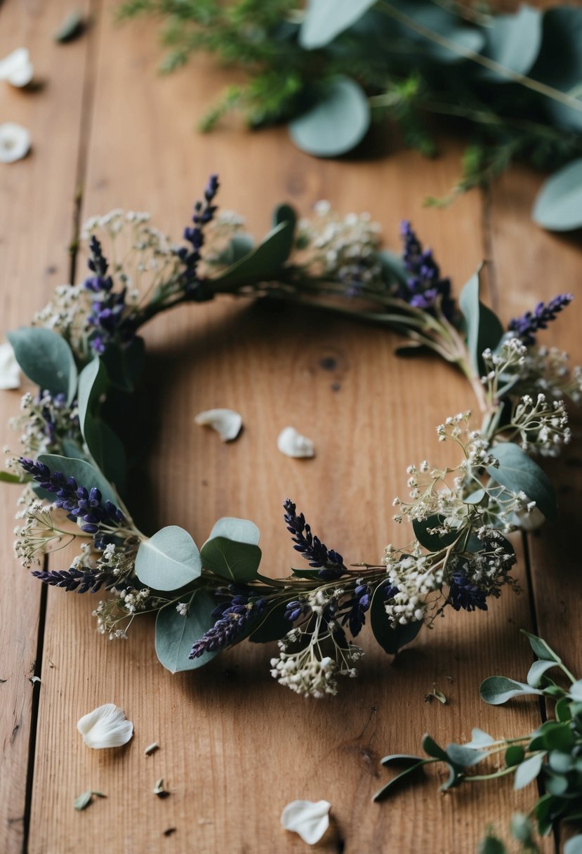 A dried flower crown with eucalyptus, lavender, and baby's breath, laid on a wooden table with scattered petals and greenery