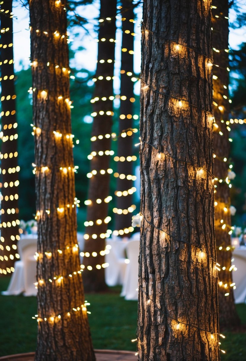 Fairy lights are wrapped around the trunks of tall trees, creating a magical and romantic atmosphere for a wedding reception