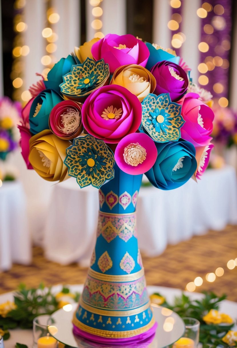 A vibrant bouquet of paper flowers adorned with intricate Khaleeji patterns, arranged in a stunning display for a wedding celebration