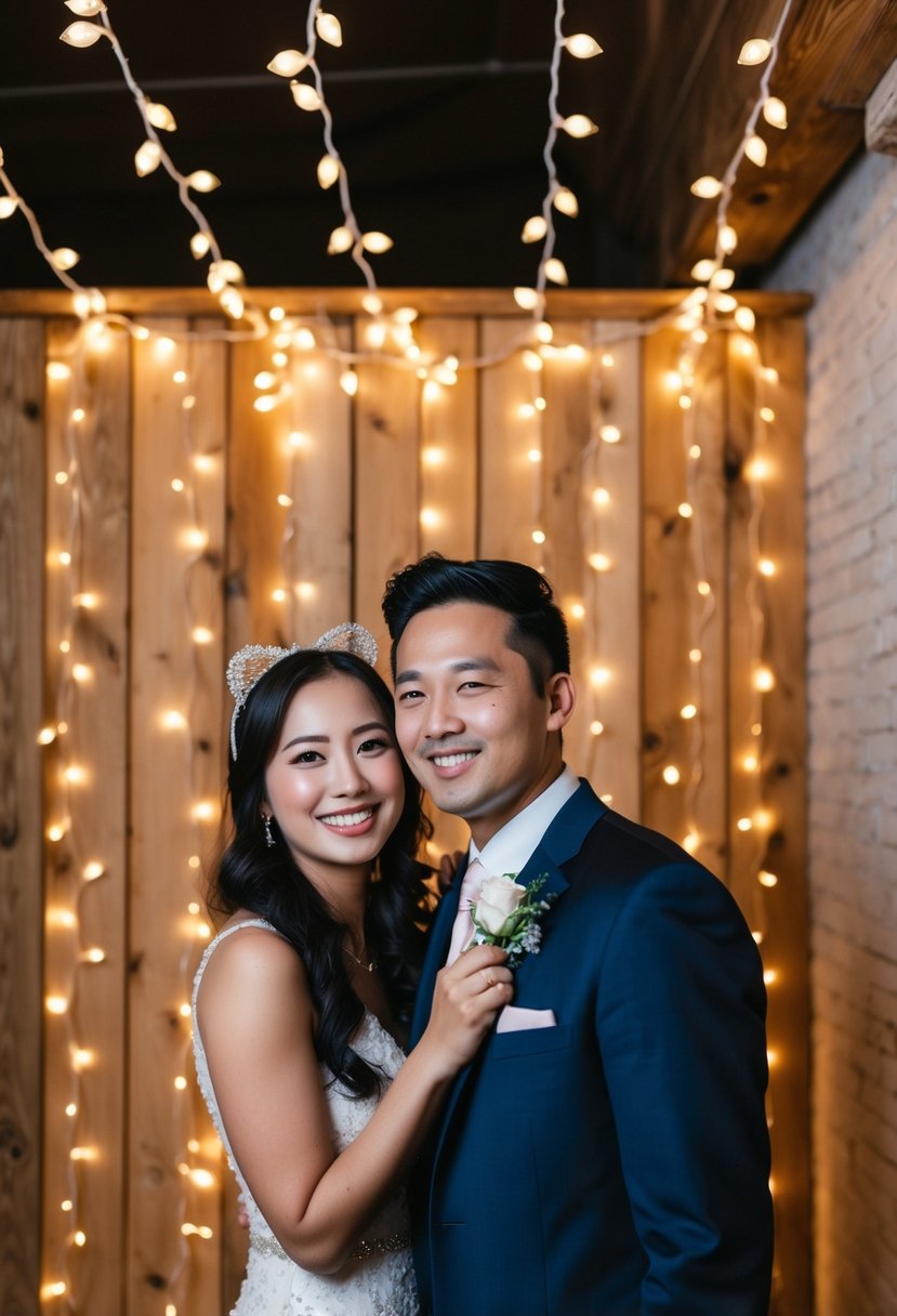 A cozy photo booth with twinkling fairy lights creating a warm and romantic atmosphere for a wedding reception