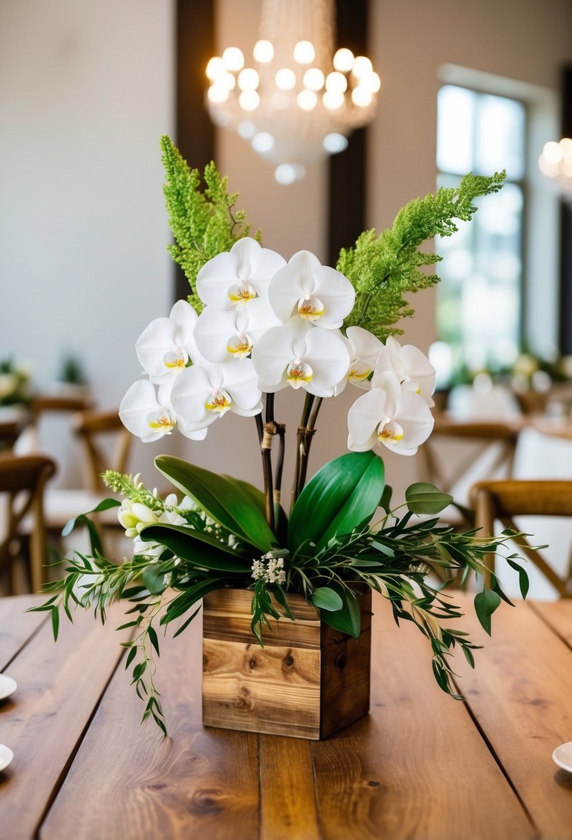 A wooden table adorned with a rustic white orchid and greenery khaleeji wedding bouquet