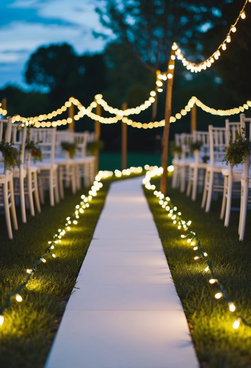 Fairy lights illuminate pathways, wrapping around low fences at a wedding reception