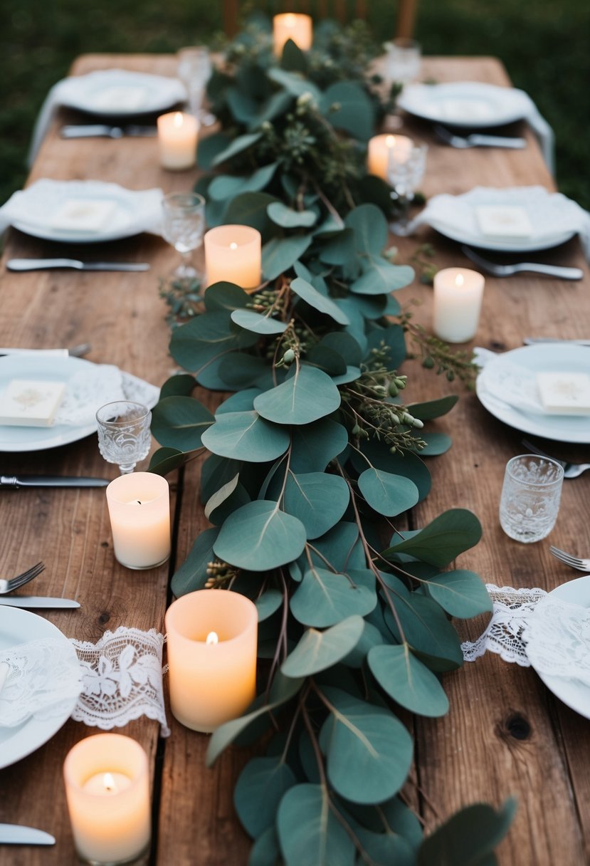 A rustic wooden table adorned with a cascading eucalyptus wedding bouquet, surrounded by delicate votive candles and vintage lace ribbon