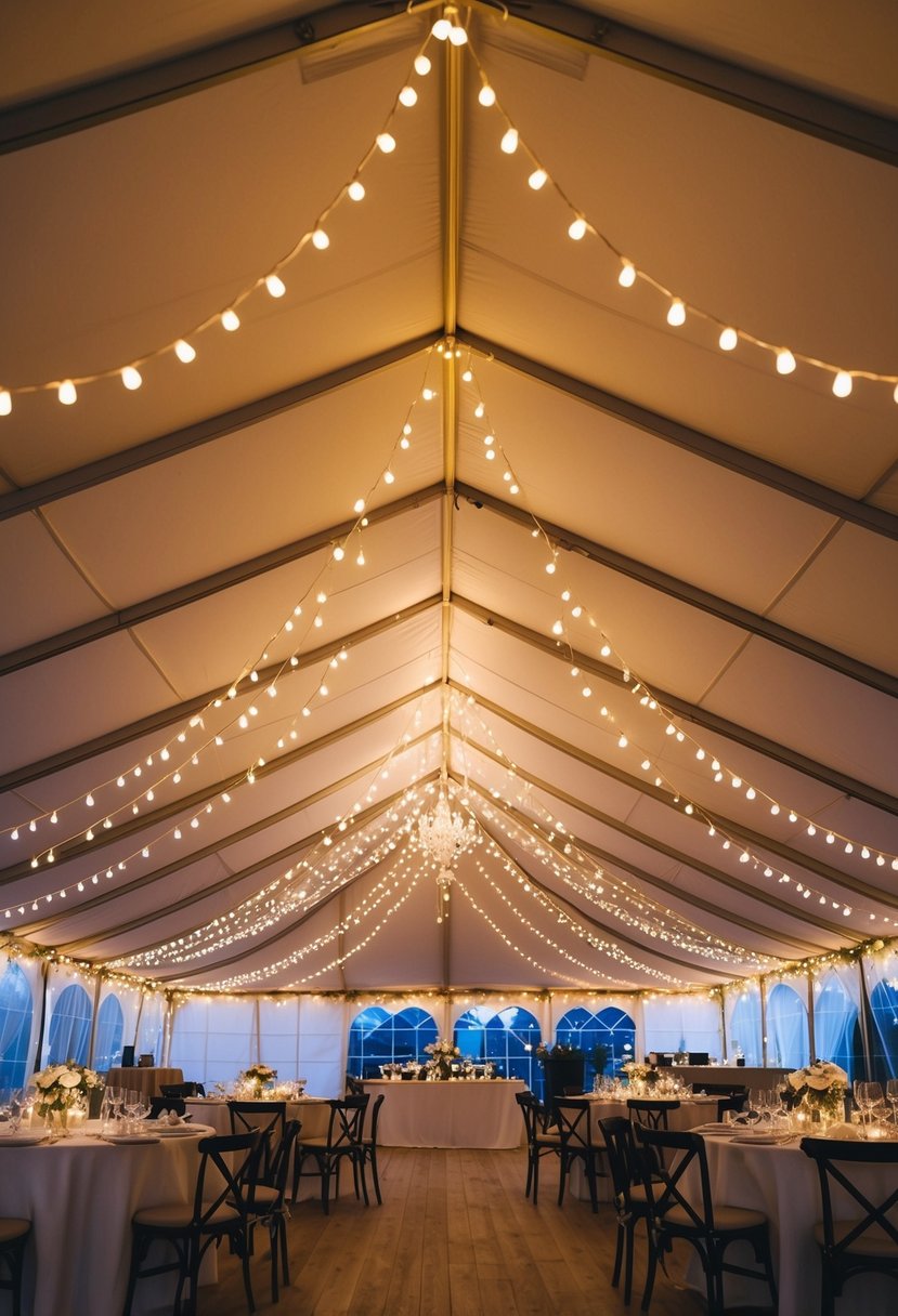 Fairy lights drape across the ceiling of a tent, casting a warm and magical glow over the wedding reception area