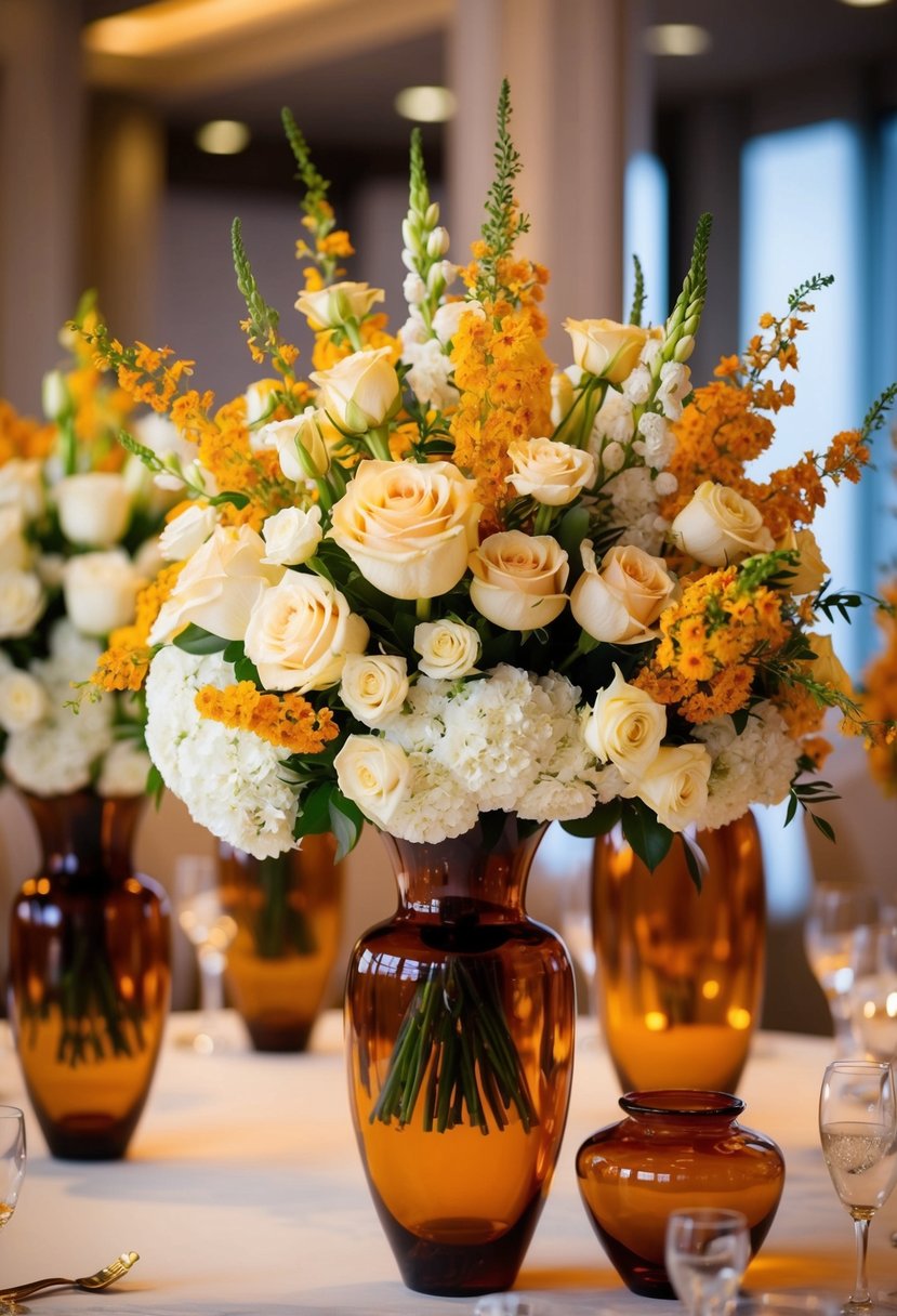 A lavish bouquet of khaleeji wedding flowers in amber vases