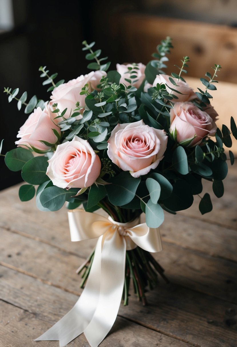 A bouquet of soft pink roses and green eucalyptus, tied with a satin ribbon, sits on a rustic wooden table