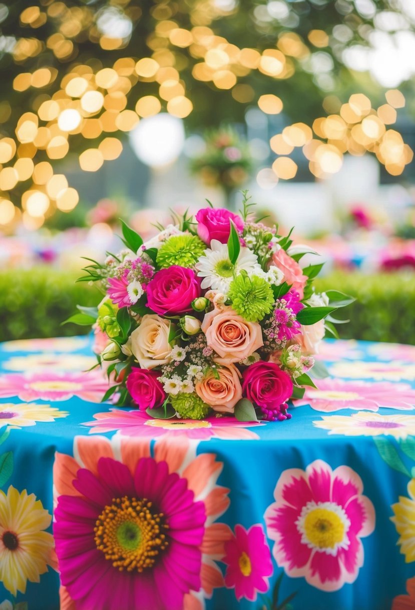 A vibrant floral tablecloth with khaleeji wedding bouquet ideas arranged on top