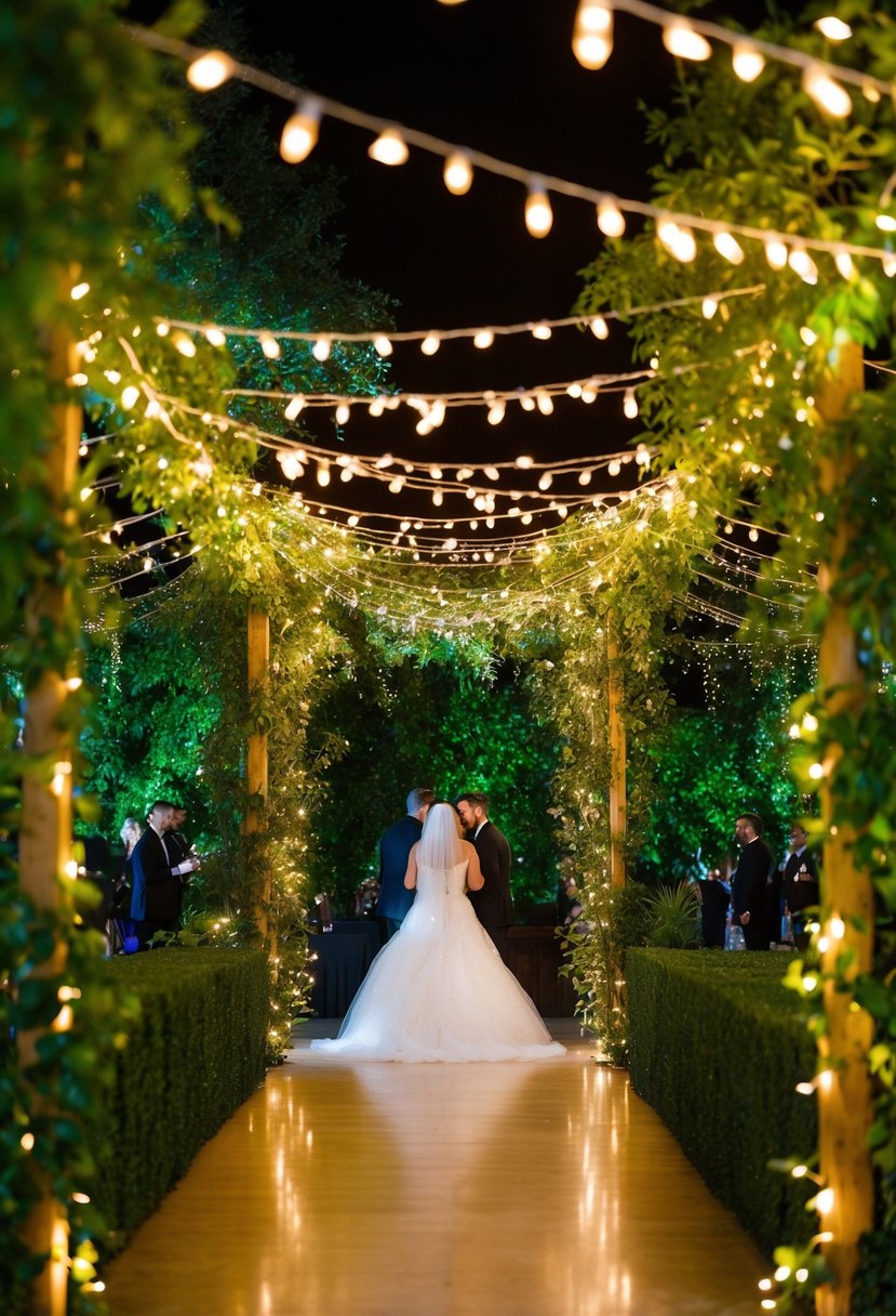 Fairy lights weave through lush greenery, creating a warm and enchanting atmosphere for a wedding reception