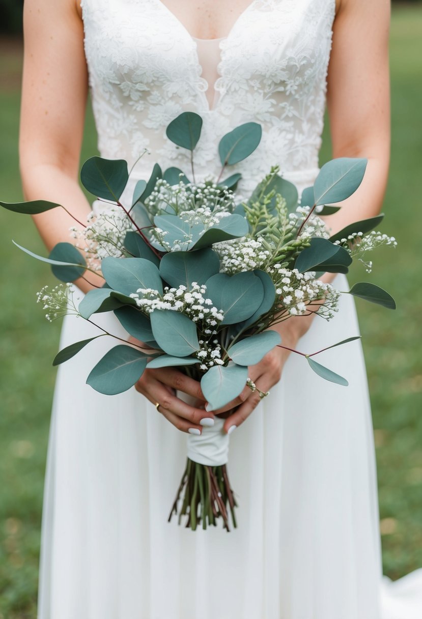 A delicate eucalyptus wedding bouquet with sprigs of baby's breath, creating a soft and airy touch