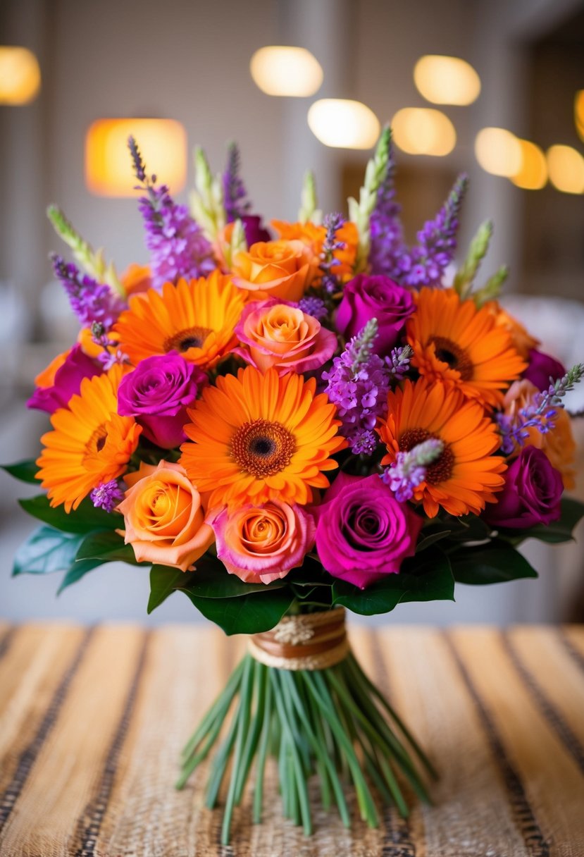 A bouquet of vibrant sunset-colored flowers, including shades of orange, pink, and purple, arranged in a traditional khaleeji style