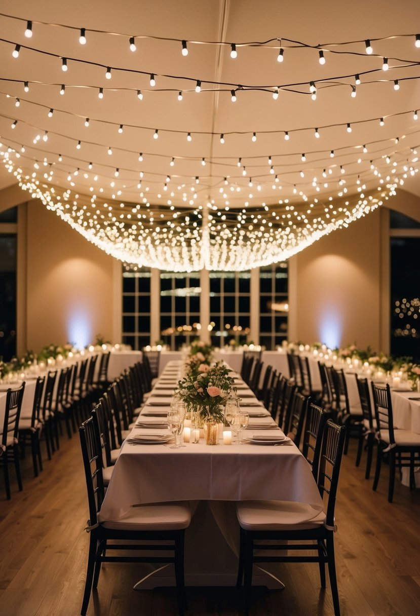 Fairy lights drape above a dining area, casting a warm and enchanting glow for a wedding reception