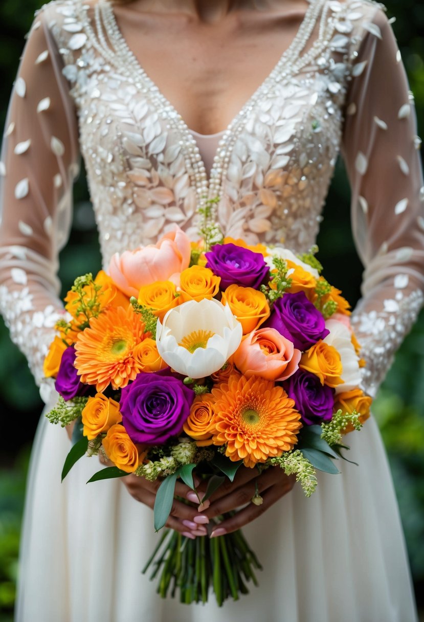 A long sleeve dress with petal accents, surrounded by vibrant khaleeji wedding bouquet ideas