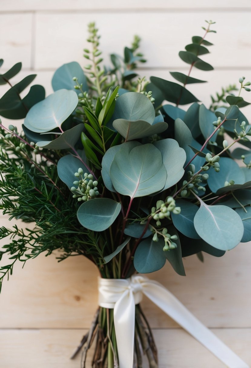 A modern, lush eucalyptus wedding bouquet with silver dollar eucalyptus and other greenery, tied with a simple ribbon