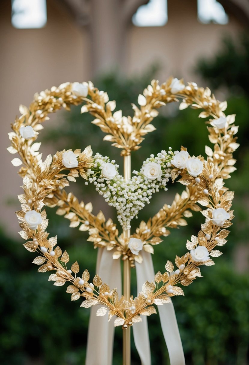 Heart-shaped wreaths made of gold leaves and delicate flowers, arranged in a beautiful khaleeji wedding bouquet