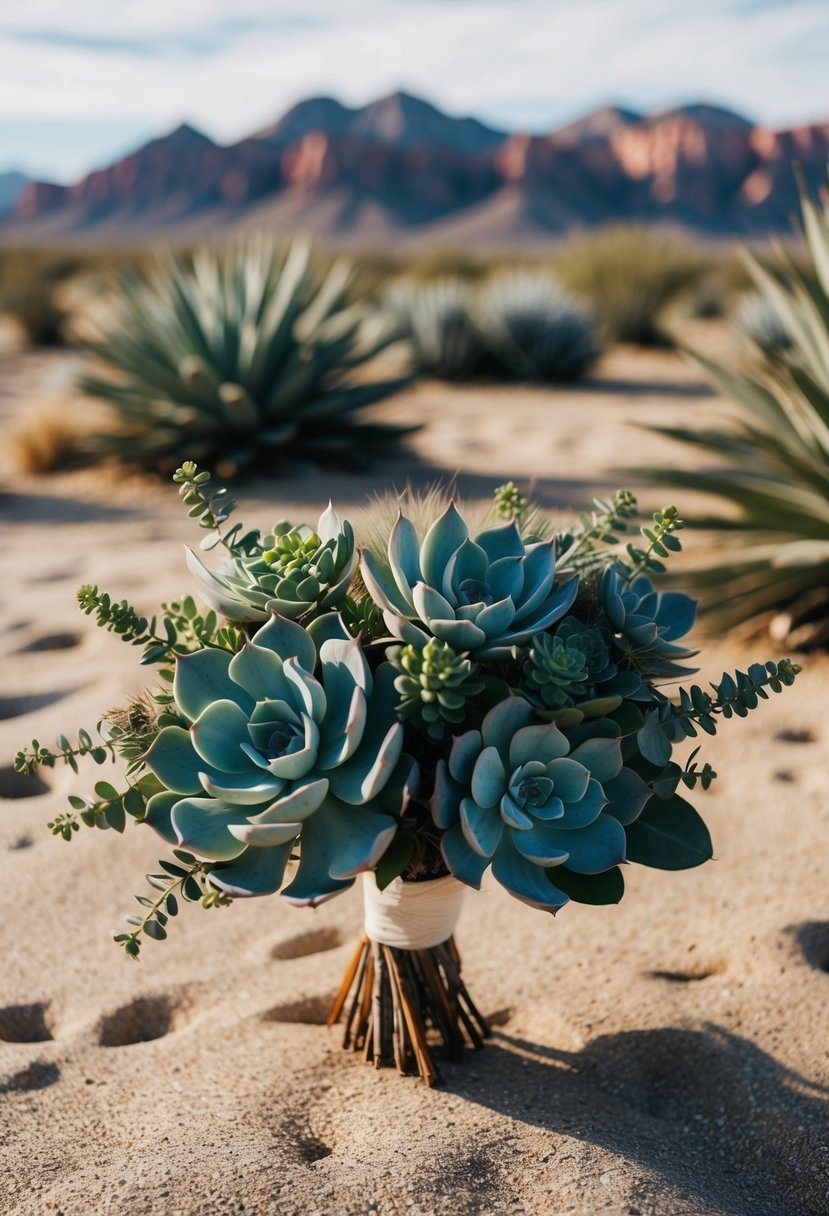 A desert landscape with succulents and eucalyptus, creating a trendy and natural wedding bouquet theme