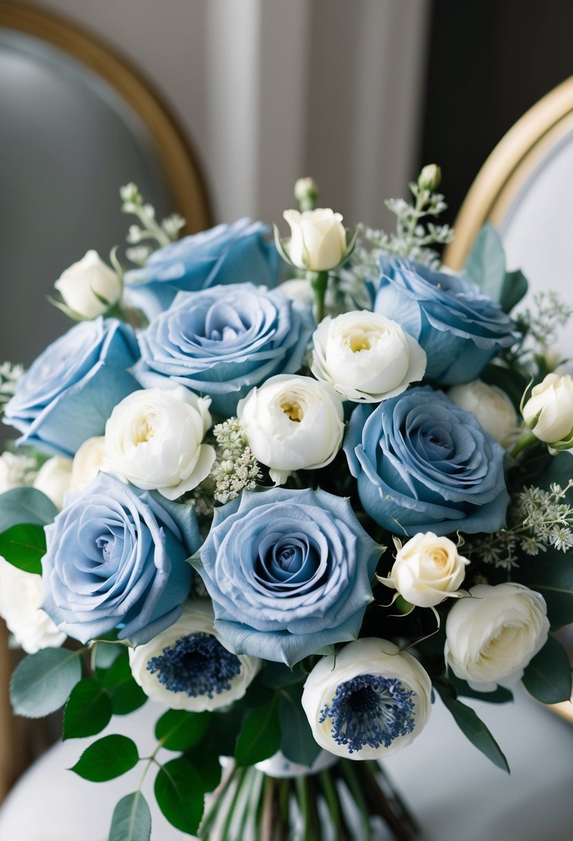 A bouquet of dusty blue roses and delicate white flowers arranged in a romantic and elegant style