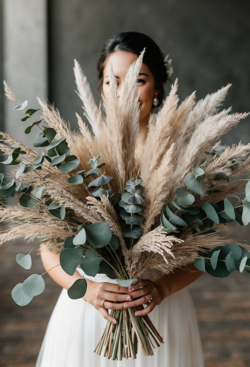 Dried eucalyptus and pampas grass intertwined in a wedding bouquet, creating a textured and natural arrangement