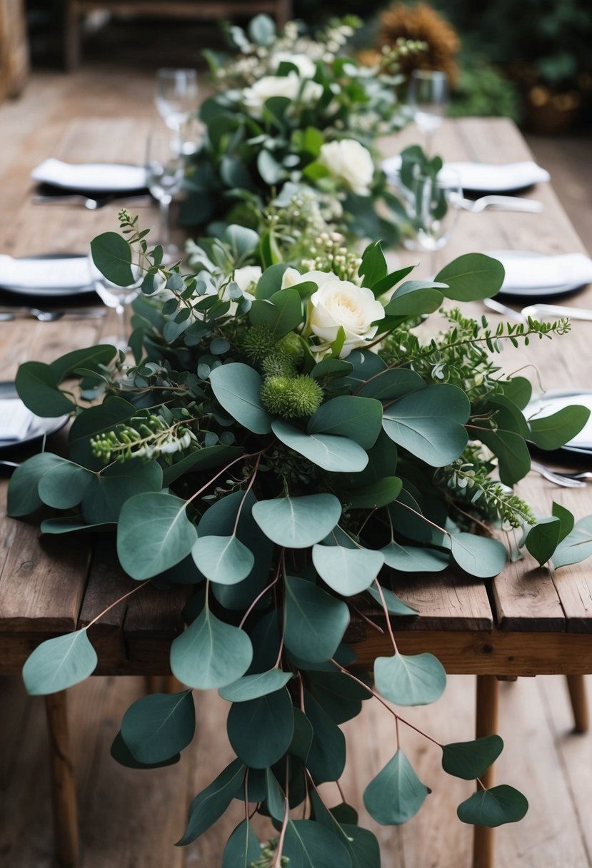 A lush eucalyptus wedding bouquet spills over a rustic wooden table, creating a full and abundant appearance