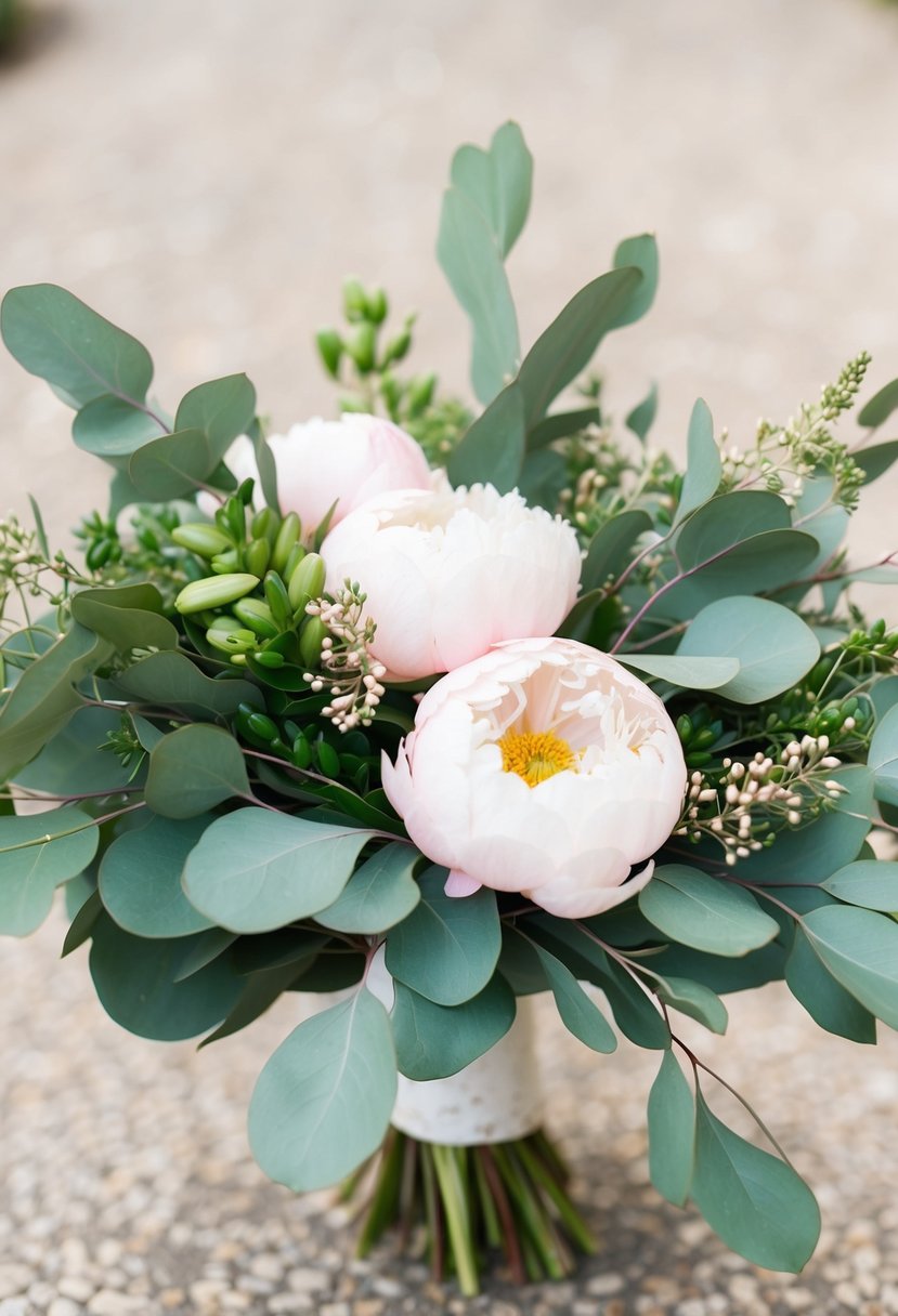 A delicate eucalyptus wedding bouquet intertwines with soft peonies, creating a harmonious blend of green and pink hues