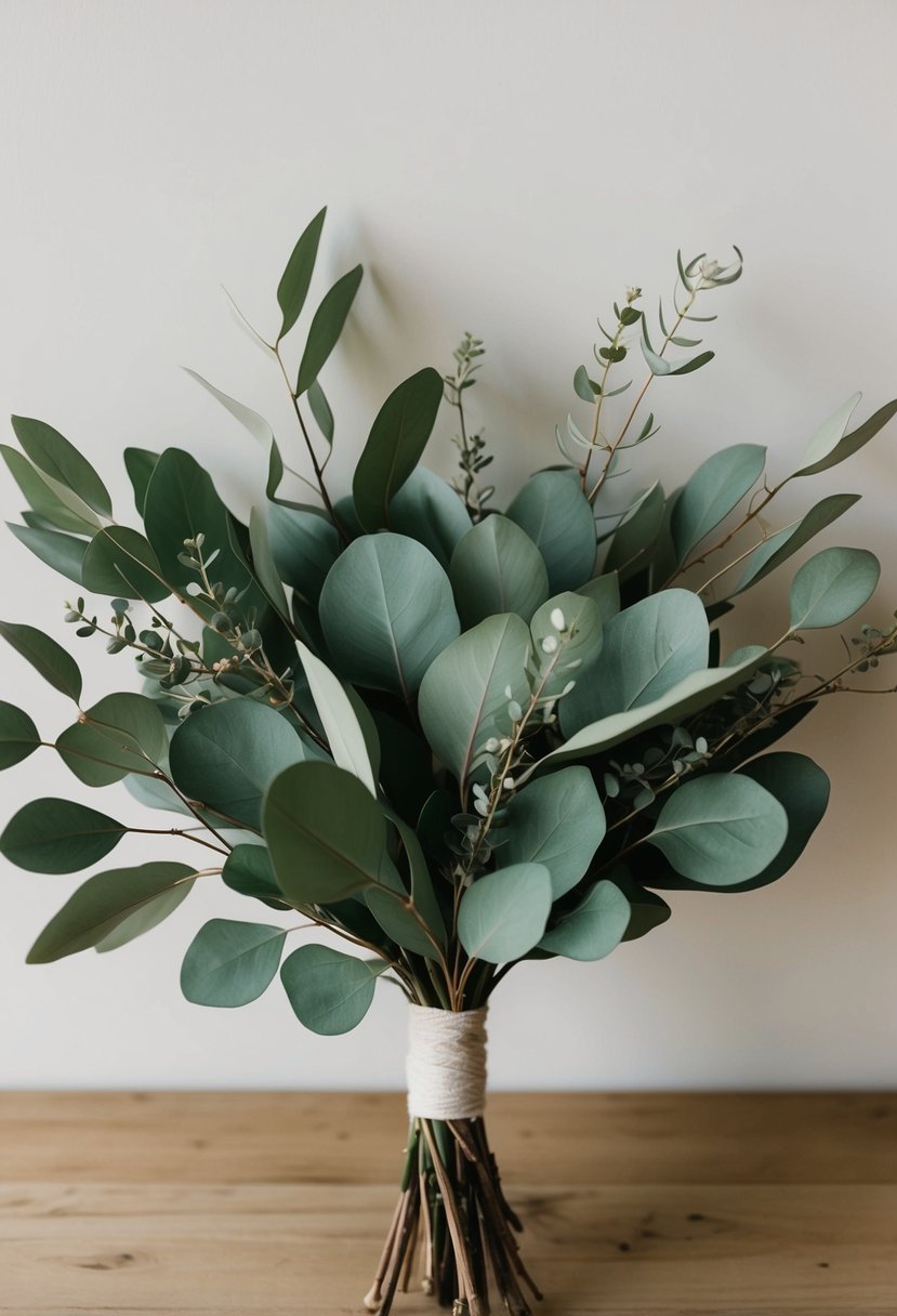 A simple, elegant wedding bouquet featuring only eucalyptus leaves and branches, arranged in a loose, natural style