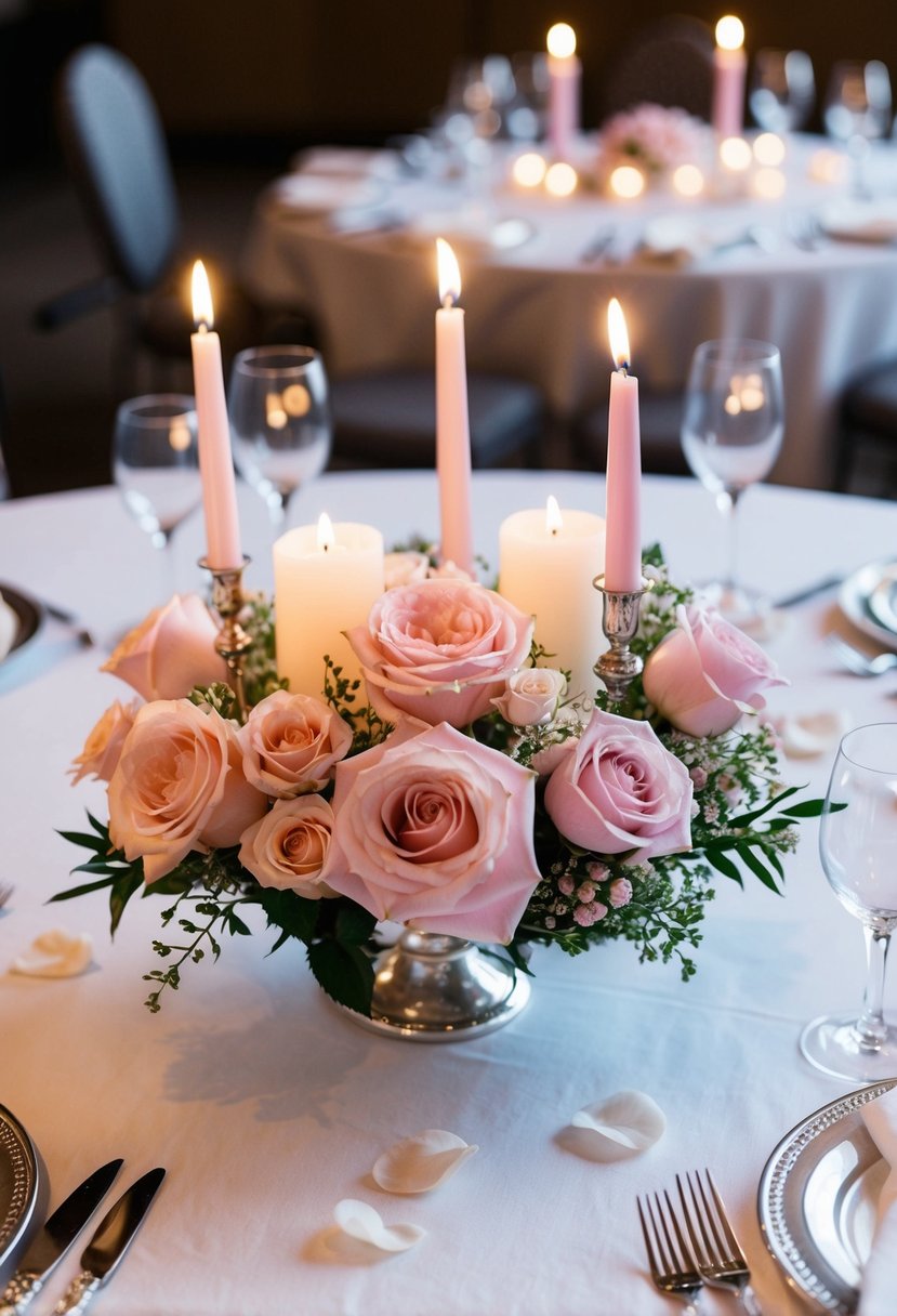 A light pink floral centerpiece sits on a white tablecloth with silver accents. Delicate candles and rose petals add to the romantic atmosphere