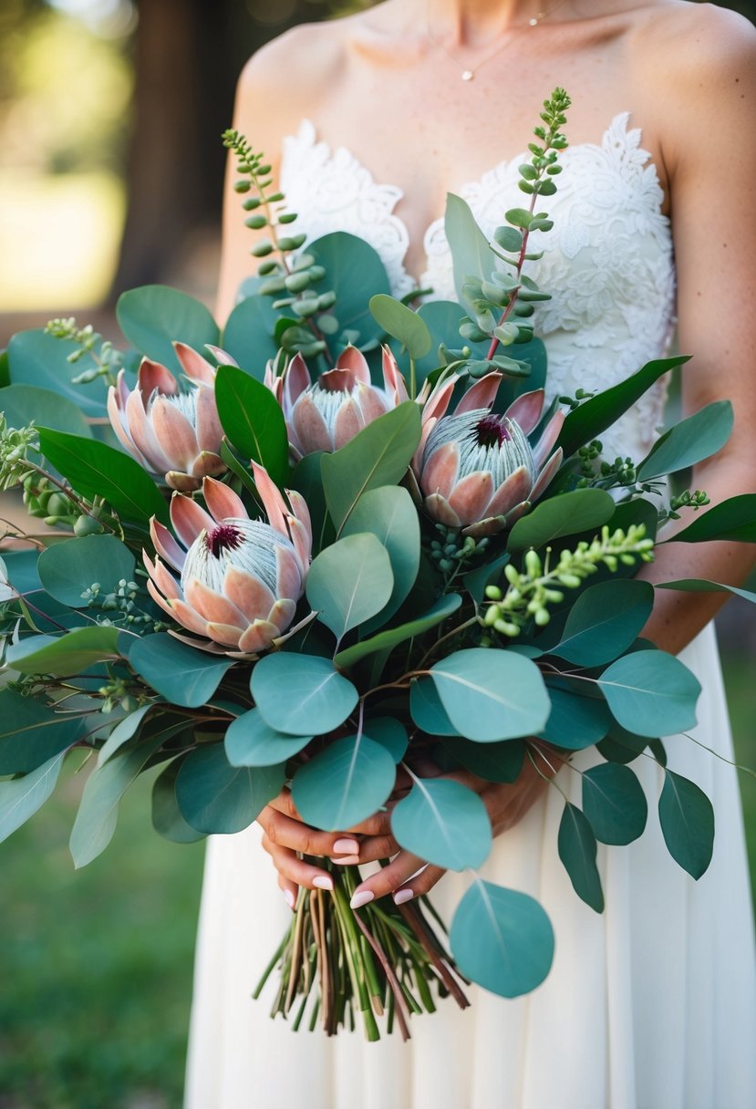 A lush eucalyptus wedding bouquet intertwined with vibrant proteas, adding an exotic touch to the floral arrangement