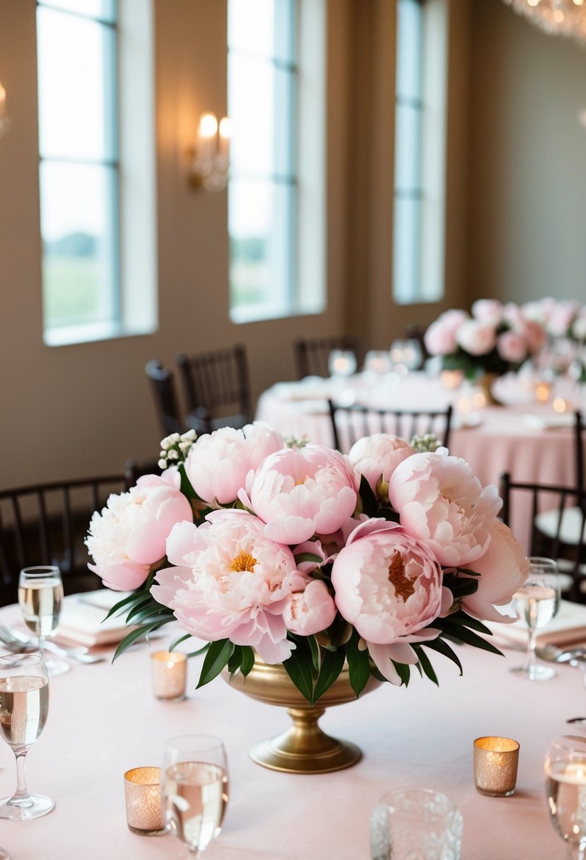 A round table adorned with dreamy pink centerpieces featuring light pink peonies, creating a romantic and elegant wedding decor