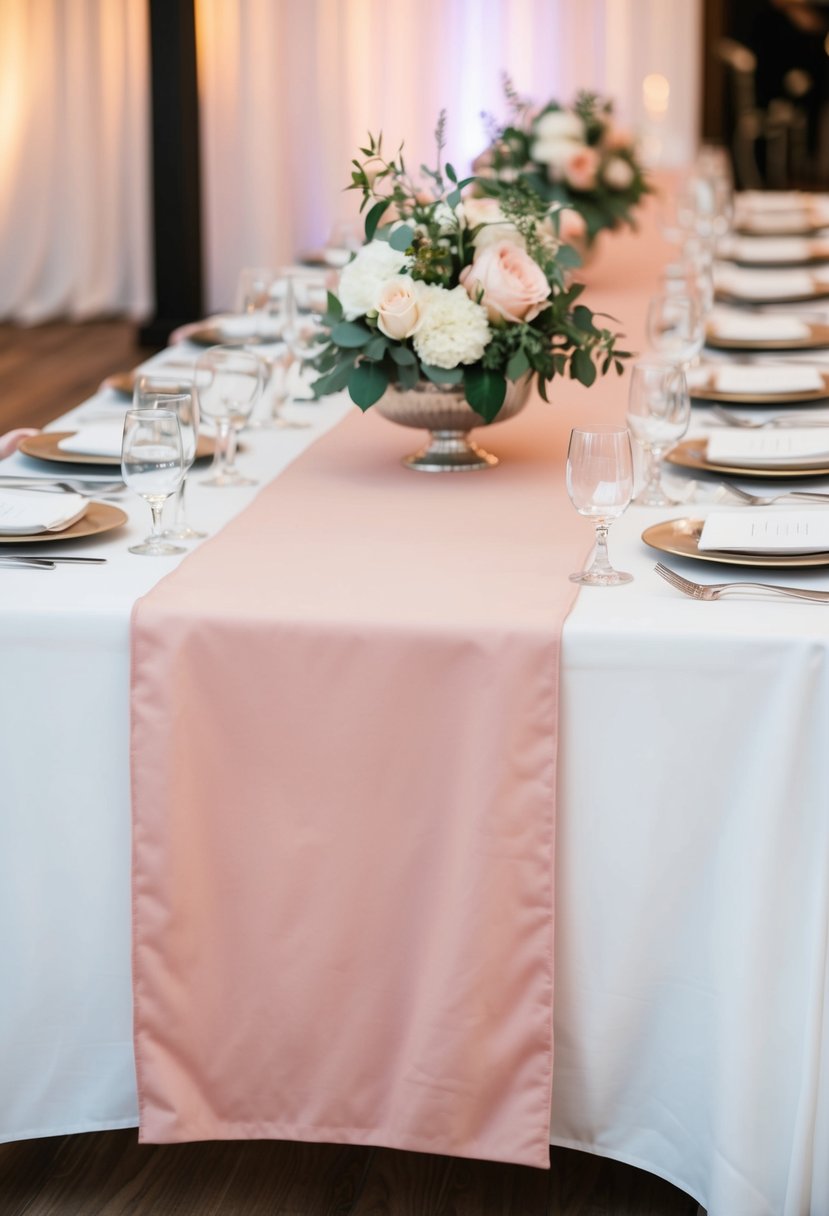 A long blush pink table runner adorns a white wedding reception table, adding a soft and elegant touch to the decor