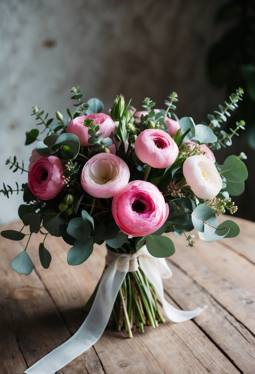 A lush bouquet of pink ranunculus and eucalyptus, tied with a delicate ribbon, sits on a rustic wooden table