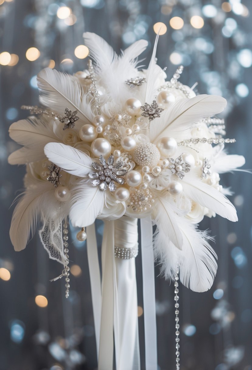 A white wedding bouquet made of feathers, pearls, and crystals, with cascading ribbons and delicate lace accents