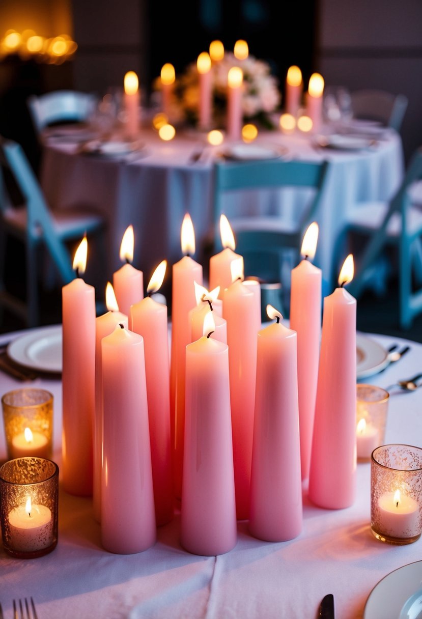 Light pink tapered candles arranged in a cluster on a wedding reception table, casting a warm glow in the dimly lit room