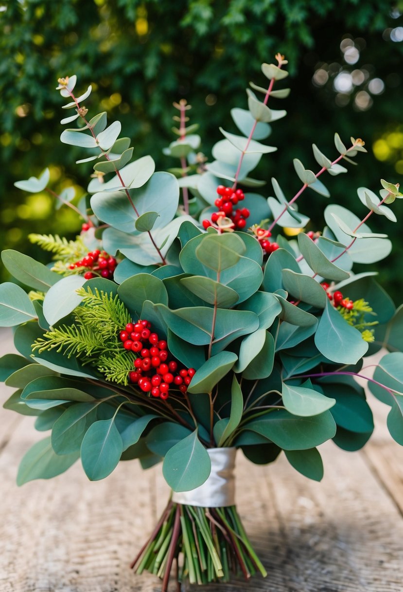 A lush eucalyptus wedding bouquet with vibrant berries for a pop of color