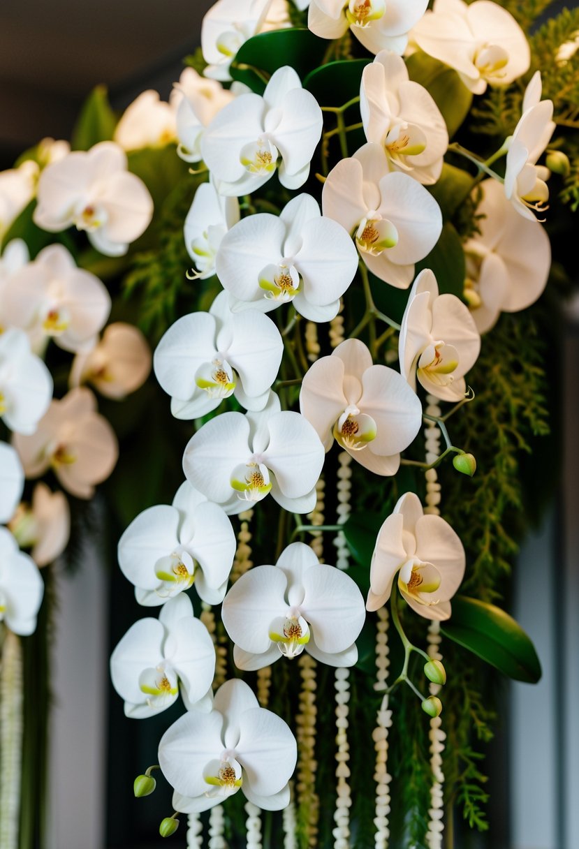 A cascading arrangement of white orchids with green foliage