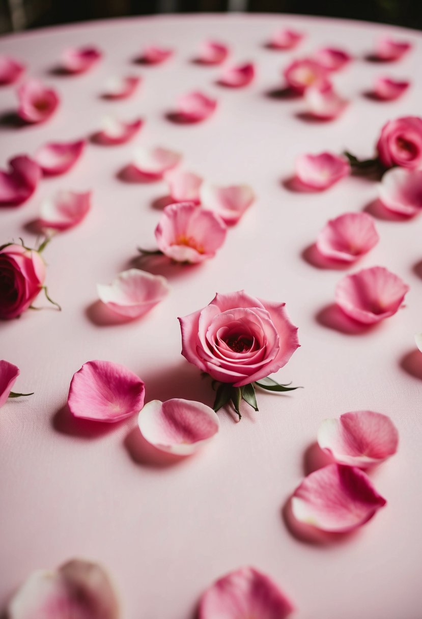 Soft pink rose petals scattered on a light pink wedding table