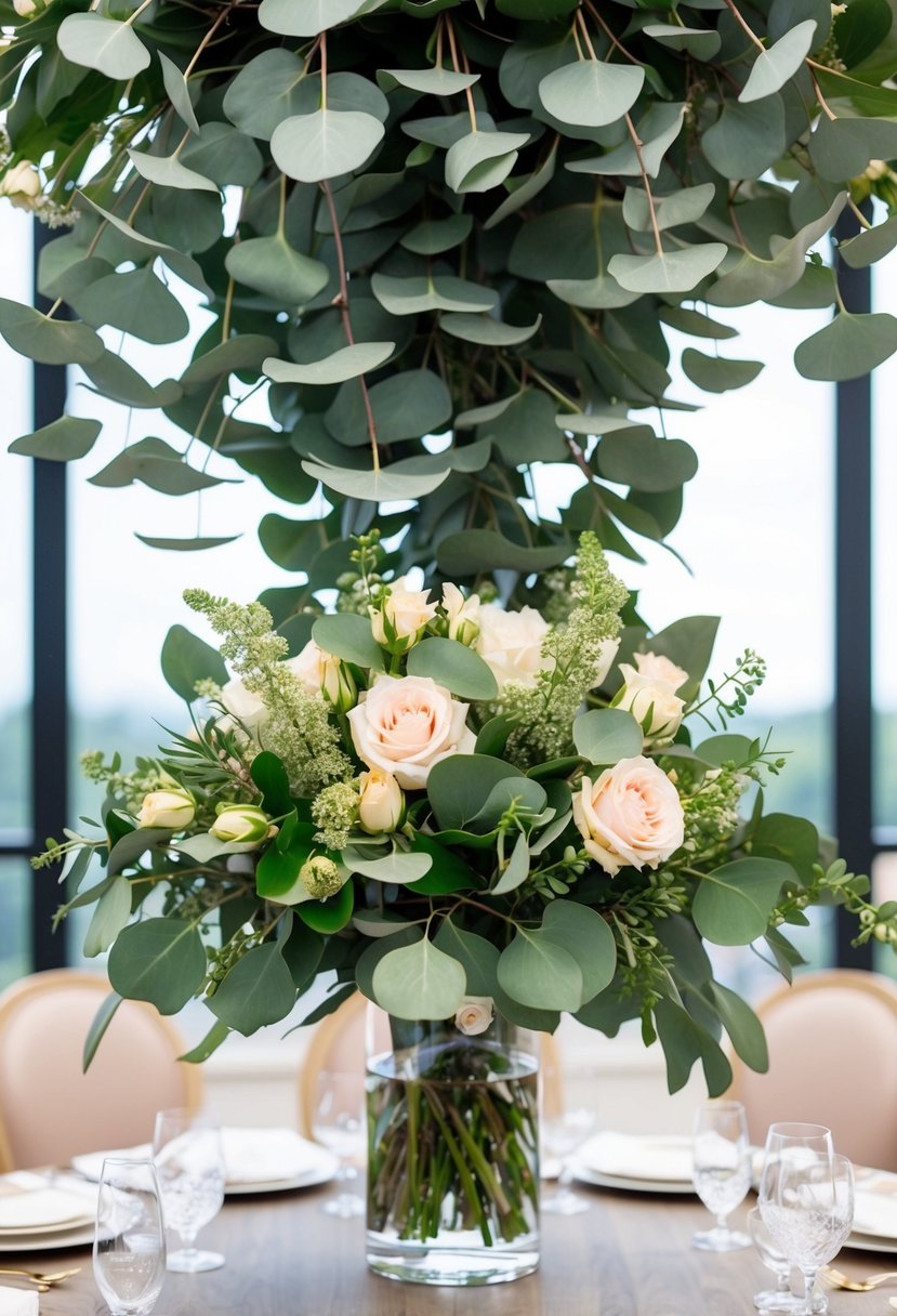 A lush eucalyptus bouquet towers above a delicate arrangement of roses and other flowers, creating a sense of height and dimension