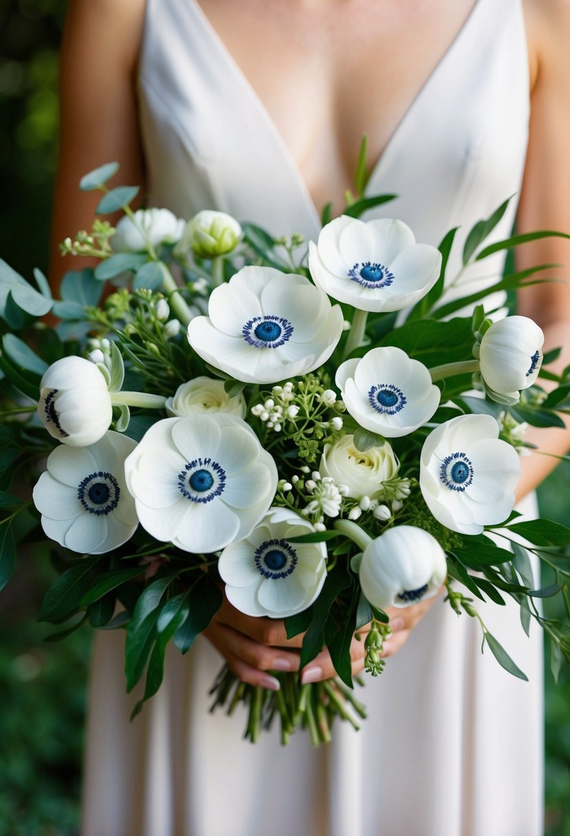 A delicate white anemone bouquet with asymmetrical arrangement and elegant greenery