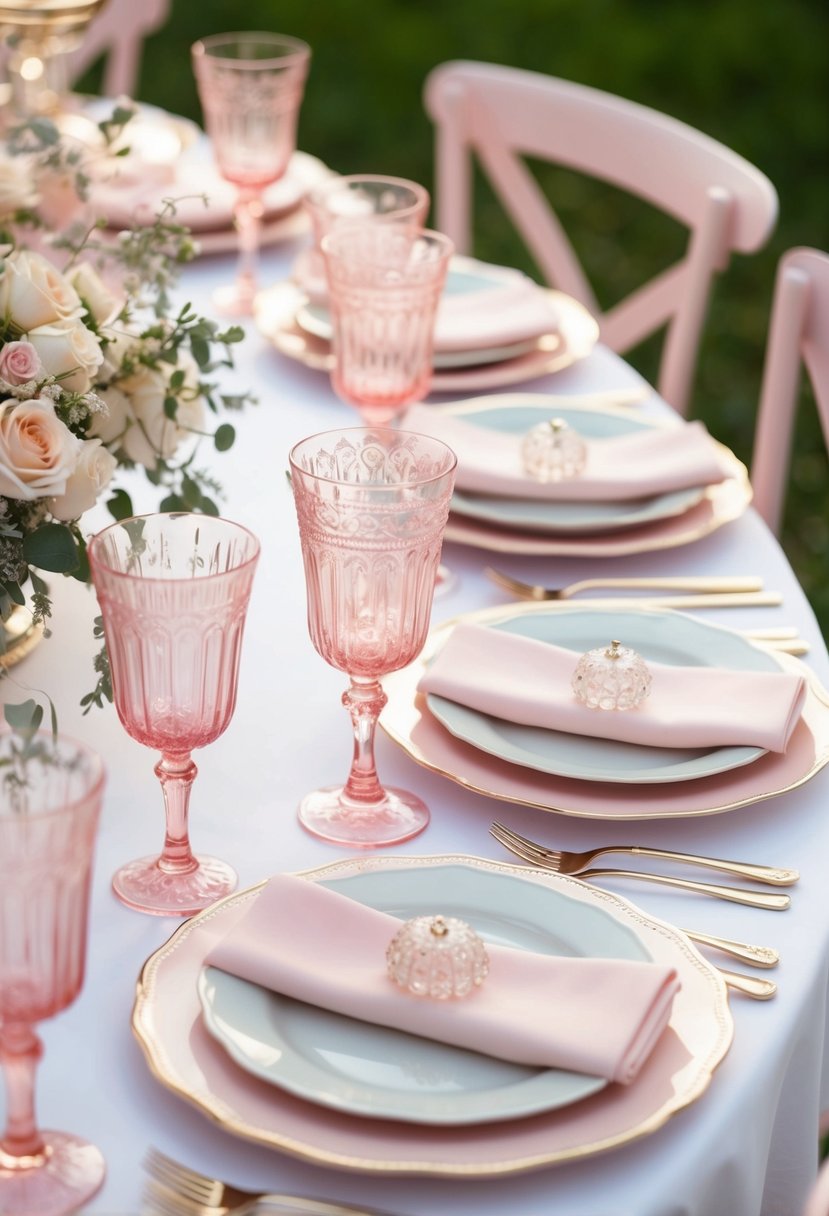 A table adorned with pastel pink glassware, creating a delicate and romantic wedding decoration